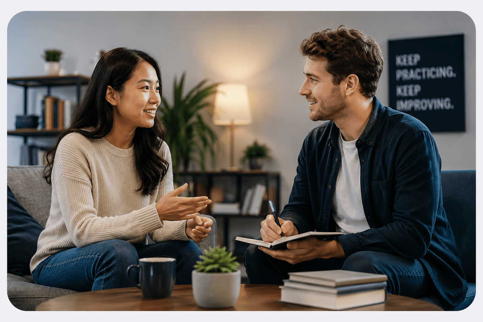 Student receiving AI speaking feedback during an English conversation.