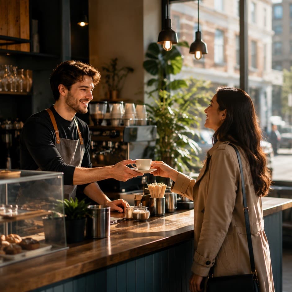 Student ordering coffee confidently in English.
