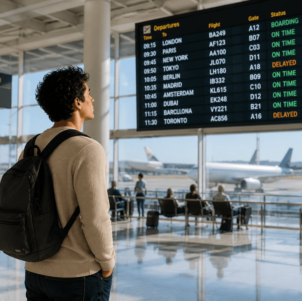Traveler communicating confidently at an airport.