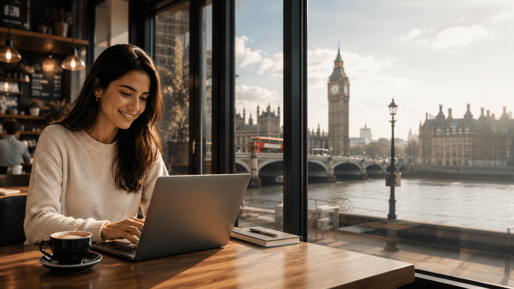 A student using English on her laptop in a London coffee shop